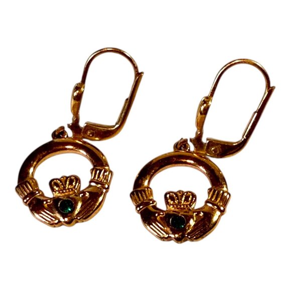 Claddagh Leverback Earrings Gold Tone With Green Stone Accent Lightweight Jewelr - Picture 4 of 7